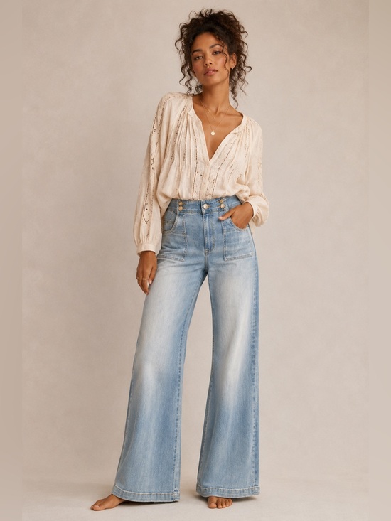 Pilcro Denim - Pilcro Anthropologie Wide Leg Sailor Button Jeans Light Wash Size 27